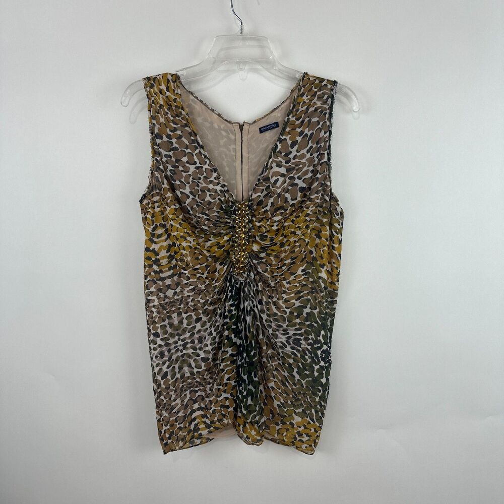 Magaschoni Collection Sleeveless Top Small Leopard Silk Chiffon Beaded Ruched